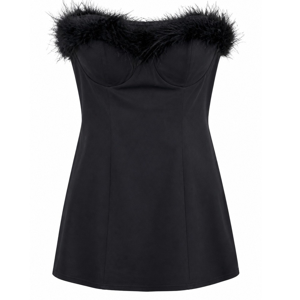 White Birch Dress Women XL Feather Trim Strapless Bustier Black Mini Glam
